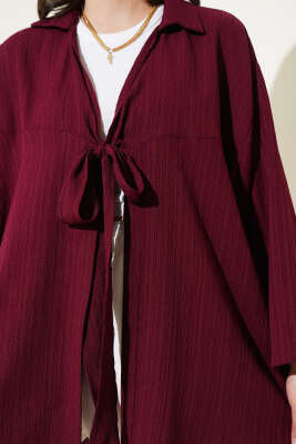 Önü Bağlamalı Krinkıl Kimono Bordo - Dış Giyim&Mont