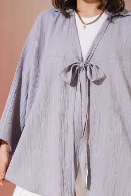 Önü Bağlamalı Krinkıl Kimono Gri - Dış Giyim&Mont