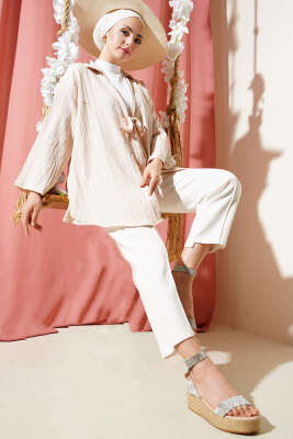 Önü Bağlamalı Krinkıl Kimono Krem - 300-500 TL Ürünler
