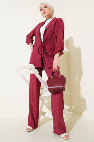 Önü Bağlamalı Kruvaze İkili Takım Bordo - İkili Takım