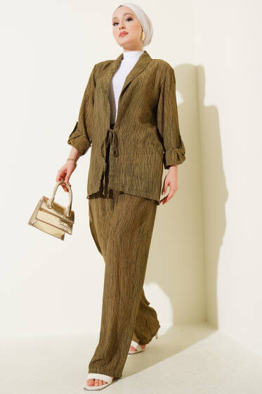 Önü Bağlamalı Kruvaze İkili Takım Haki - İkili Takım