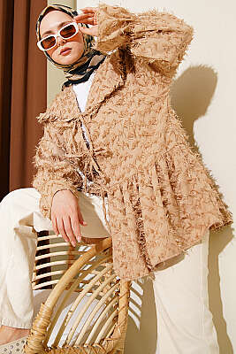 Önü Bağlamalı Püsküllü Kimono Bej - TABLO FASHİON