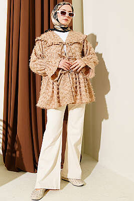 Önü Bağlamalı Püsküllü Kimono Bej - Dış Giyim&Mont