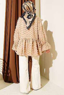 Önü Bağlamalı Püsküllü Kimono Bej - Dış Giyim&Mont