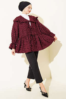 Önü Bağlamalı Püsküllü Kimono Bordo - Dış Giyim&Mont