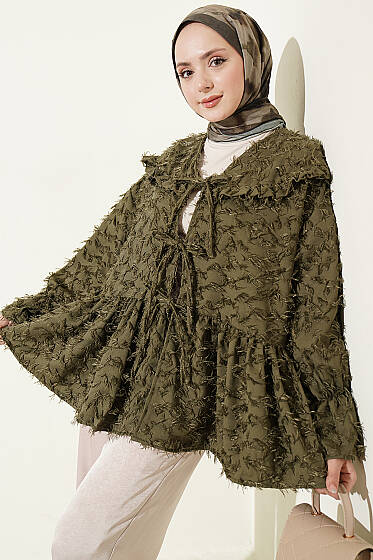 Önü Bağlamalı Püsküllü Kimono Haki - Dış Giyim&Mont