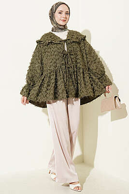 Önü Bağlamalı Püsküllü Kimono Haki - Dış Giyim&Mont