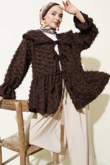 Önü Bağlamalı Püsküllü Kimono Kahve - Yeni Tesettür Giyim