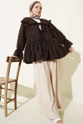 Önü Bağlamalı Püsküllü Kimono Kahve - Yeni Tesettür Giyim