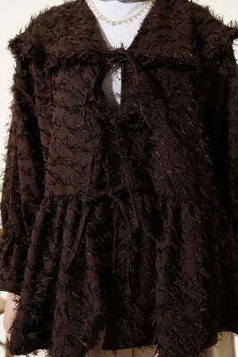 Önü Bağlamalı Püsküllü Kimono Kahve - Yeni Tesettür Giyim