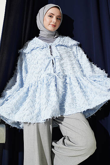 Önü Bağlamalı Püsküllü Kimono Mavi - Dış Giyim&Mont