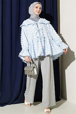 Önü Bağlamalı Püsküllü Kimono Mavi - Dış Giyim&Mont