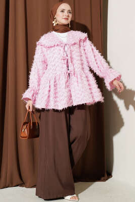 Önü Bağlamalı Püsküllü Kimono Pembe - Yeni Tesettür Giyim