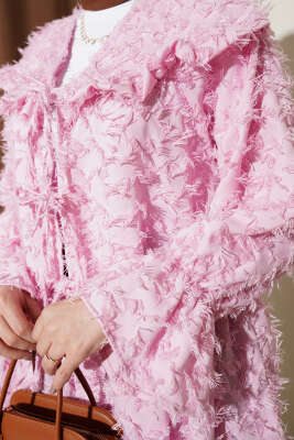 Önü Bağlamalı Püsküllü Kimono Pembe - Yeni Tesettür Giyim