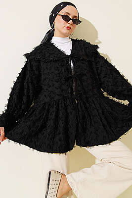Önü Bağlamalı Püsküllü Kimono Siyah 