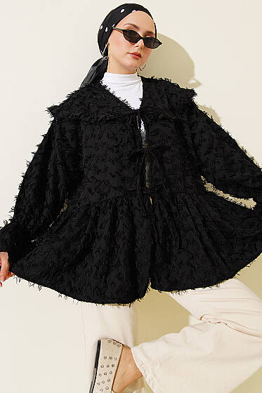 Önü Bağlamalı Püsküllü Kimono Siyah - Dış Giyim&Mont