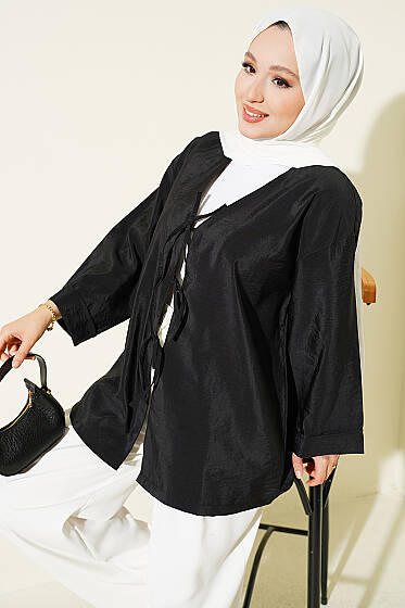 Önü Bağlamalı Salaş Paraşüt Kimono Siyah - Dış Giyim&Mont