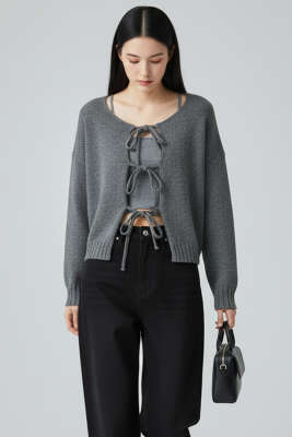 Önü Bağlamalı Triko Hırka Gri 