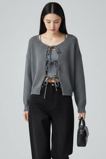 Önü Bağlamalı Triko Hırka Gri - Bayan Hırka
