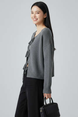 Önü Bağlamalı Triko Hırka Gri - Bayan Hırka