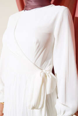 Önü Bağlamalı Tül Elbise Ekru - Tesettür Elbise