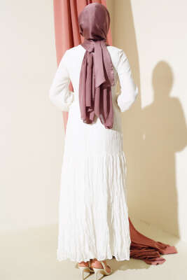 Önü Bağlamalı Tül Elbise Ekru - Tesettür Elbise