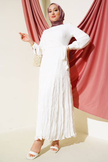 Önü Bağlamalı Tül Elbise Ekru - Tesettür Elbise