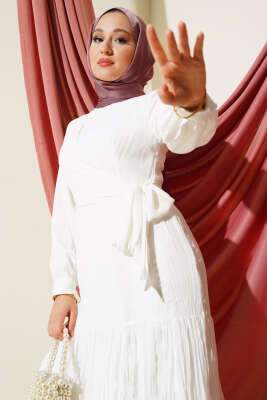 Önü Bağlamalı Tül Elbise Ekru - Tesettür Elbise