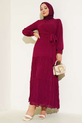 Önü Bağlamalı Tül Elbise Mürdüm - Tesettür Elbise