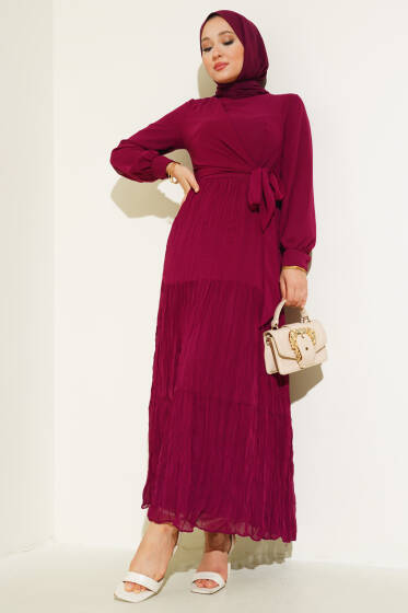Önü Bağlamalı Tül Elbise Mürdüm - Tesettür Elbise