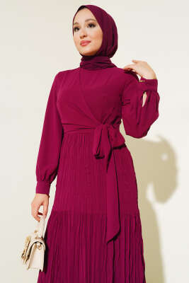 Önü Bağlamalı Tül Elbise Mürdüm - Tesettür Elbise