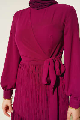 Önü Bağlamalı Tül Elbise Mürdüm - Tesettür Elbise