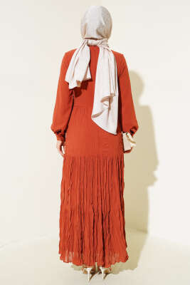 Önü Bağlamalı Tül Elbise Taba - Tesettür Elbise