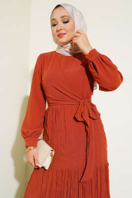 Önü Bağlamalı Tül Elbise Taba - Tesettür Elbise