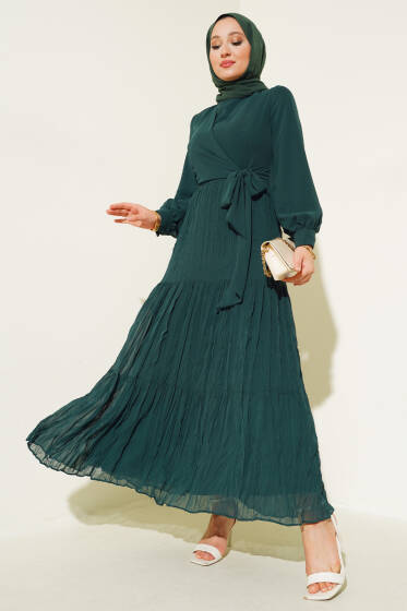 Önü Bağlamalı Tül Elbise Zümrüt - Tesettür Elbise