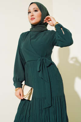 Önü Bağlamalı Tül Elbise Zümrüt - Tesettür Elbise