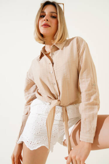 Önü Bağlamalı Uzun Kol Kısa Gömlek Bej - Kadın Giyim Modelleri