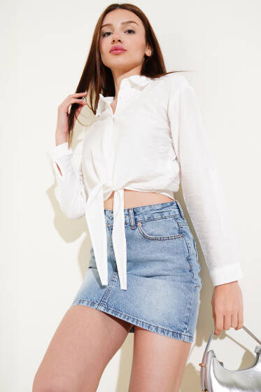 Önü Bağlamalı Uzun Kol Kısa Gömlek Beyaz - Kadın Giyim Modelleri
