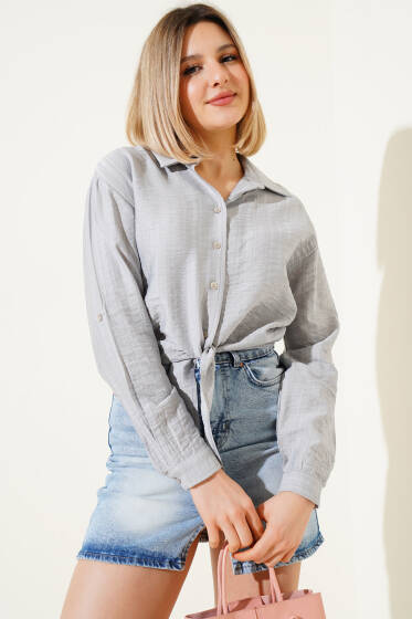 Önü Bağlamalı Uzun Kol Kısa Gömlek Gri - Kadın Giyim Modelleri