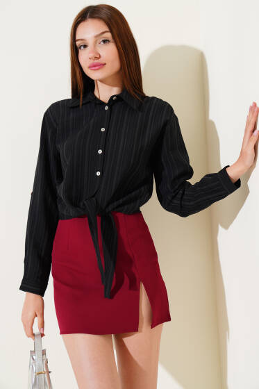 Önü Bağlamalı Uzun Kol Kısa Gömlek Siyah - Kadın Giyim Modelleri