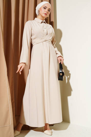 Önü Bağlamalı Yarım Düğmeli Tencel Elbise Bej - Elbise