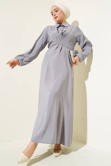 Önü Bağlamalı Yarım Düğmeli Tencel Elbise Gri - Elbise