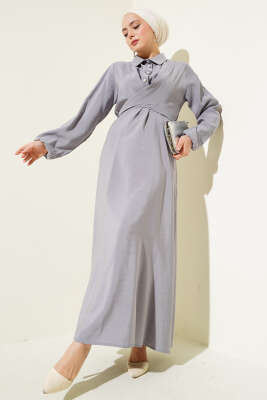Önü Bağlamalı Yarım Düğmeli Tencel Elbise Gri 