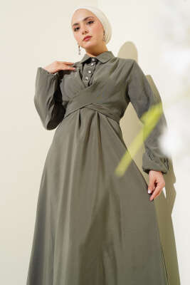 Önü Bağlamalı Yarım Düğmeli Tencel Elbise Haki - Tesettür Elbise