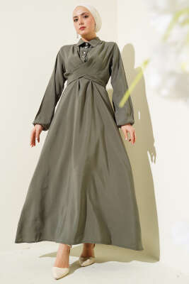 Önü Bağlamalı Yarım Düğmeli Tencel Elbise Haki 