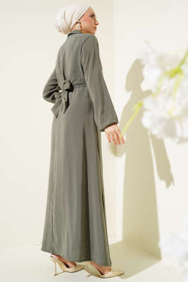 Önü Bağlamalı Yarım Düğmeli Tencel Elbise Haki - Tesettür Elbise