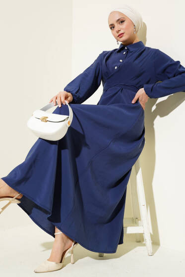 Önü Bağlamalı Yarım Düğmeli Tencel Elbise Lacivert - Elbise