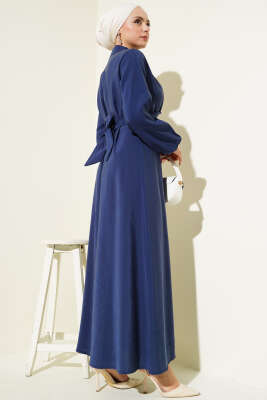 Önü Bağlamalı Yarım Düğmeli Tencel Elbise Lacivert - Tesettür Elbise