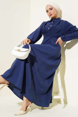 Önü Bağlamalı Yarım Düğmeli Tencel Elbise Lacivert 