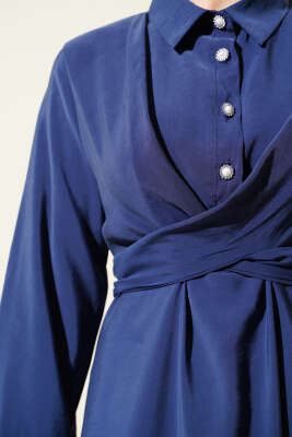 Önü Bağlamalı Yarım Düğmeli Tencel Elbise Lacivert - Tesettür Elbise